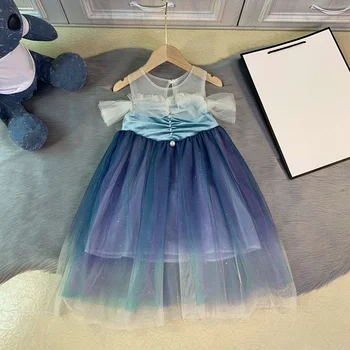 

European and American parent-child outfit 2020 spring and summer new styles Splicing velvet gradient screen yarn Girl's dress