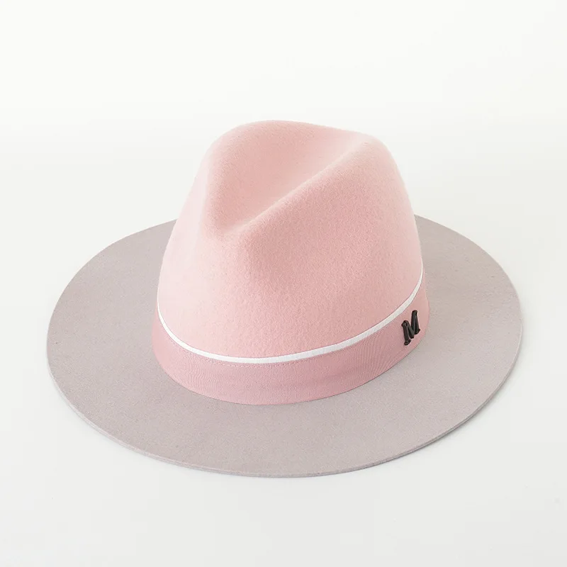 01908-hh8079 британский стиль Зимняя шерстяная розовая Лоскутная Серая Шляпа Fedora для мужчин и женщин Панама джазовая, шляпа - Цвет: grey brim