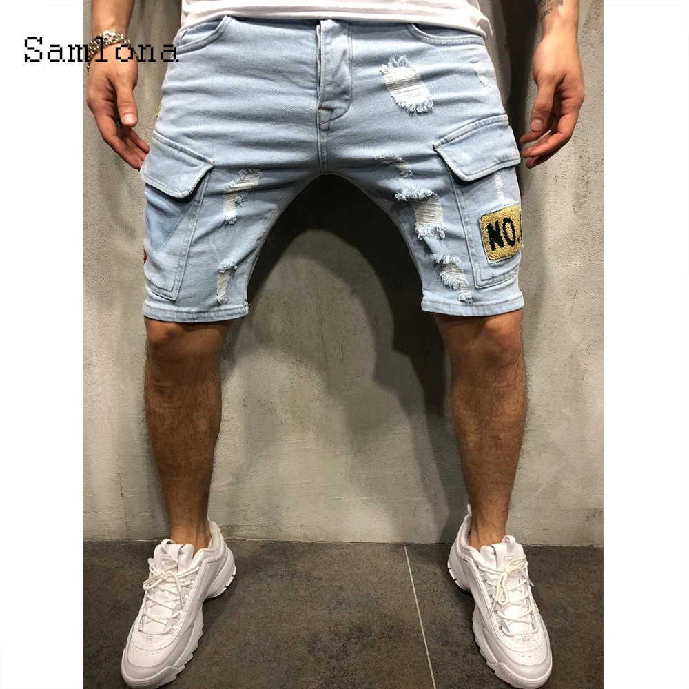 Samlona Men's Denim Shorts Sexy Leisure Jeans Pacthwork Hole Ripped Buttom 2024 Summer New Casual Demin Short Pants Male Clothes