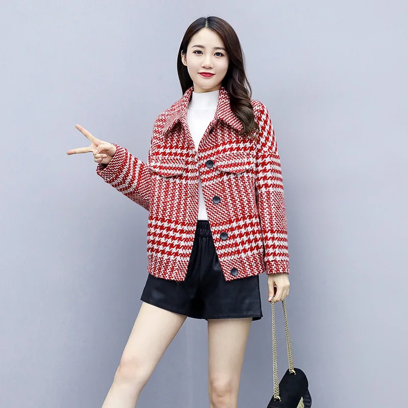 

2019 Autumn New Style Short Woolen Overcoat Korean-style Trend of Fashion Plaid Short-height Size-Style Short Jacket Women's