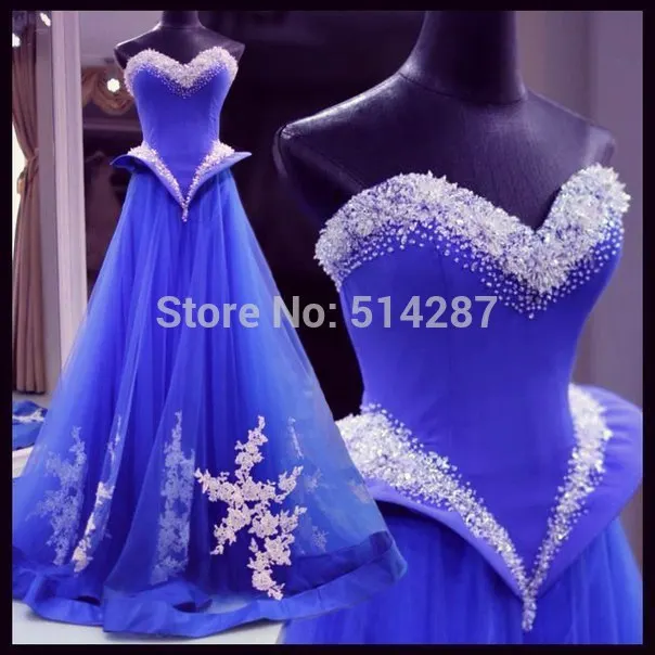 

Vestido De Festa 2019 Sweetheart Crystal Beading Long A Line Royal Blue Evening Dresses With Lace Appliques Party Dress