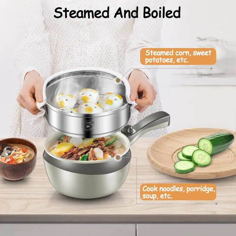 1.8L 220V 700W Multifunction Electric Cooking Pot Mini Double Layer Non-stick Stainless Steel Multi Cookers Steamer Frying Pot