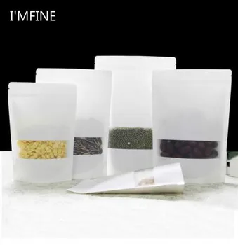 

100 Pcs White Stand-up Kraft Paper Food Gift Bags With Window, Zipper Closure Storage bags for Snack Baking Cookie Candy