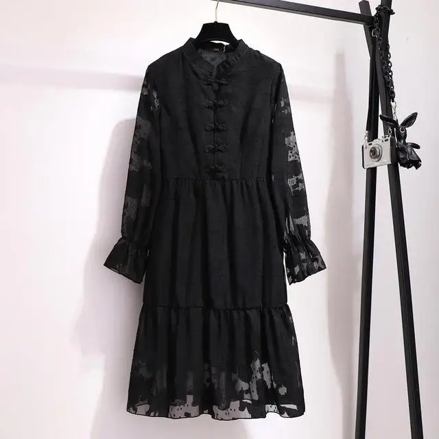 5XL 6XL женское кружевное платье большого размера Осень-зима винтажное офисное женское платье с вышивкой женское элегантное вечернее платье большого размера - Цвет: black