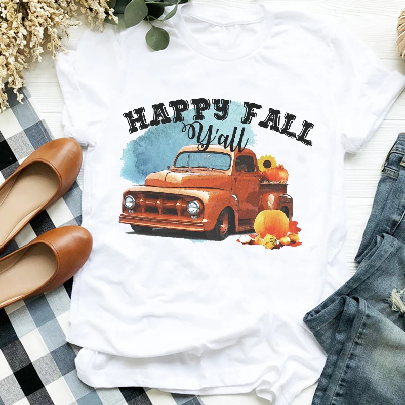 

Women Vintage Pumpkin Truck Halloween Thanksgiving Print Female Top Graphic T-shirt Womens Clothes Shirt T Tee for Tshirt