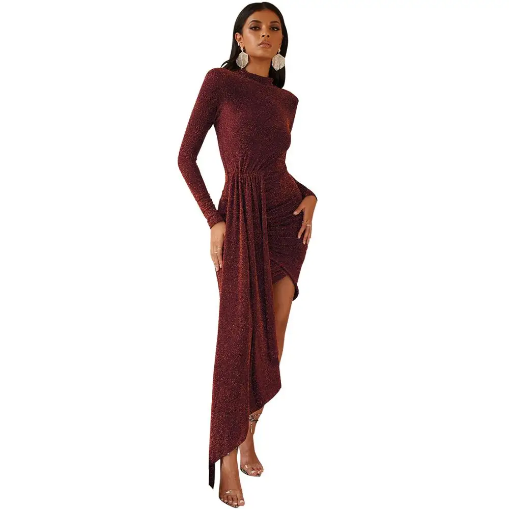 red dress Блестящее вечернее платье для вечеринки, элегантное плиссированное платье с круглым вырезом, асимметричное облегающее платье, женское сексуальное Бандажное мини-платье для ночного клуба, Vestidos - Цвет: red dress