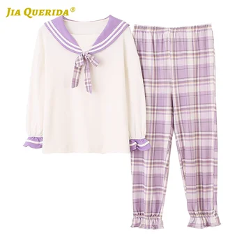 

Spring Autumn Preppy Style Long Sleeve Long Pants Sleepwear Fashion Style Woman Clothes Spring Autumn Plaid Printing Navy Collar