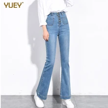 Женские красивые расклешенные джинсы с высокой талией эластичные узкие эластичные голубые джинсы женские мягкие вымытые светильник синие осенние джинсы S 4XL