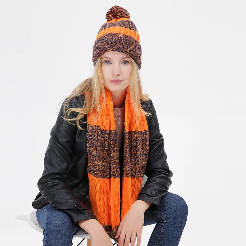 Лидер продаж, комплект зимней шапки и шарфа для женщин, Классические утолщенные шерстяные вязаные шапки и зимние тёплые шарфы, Шапка-бини