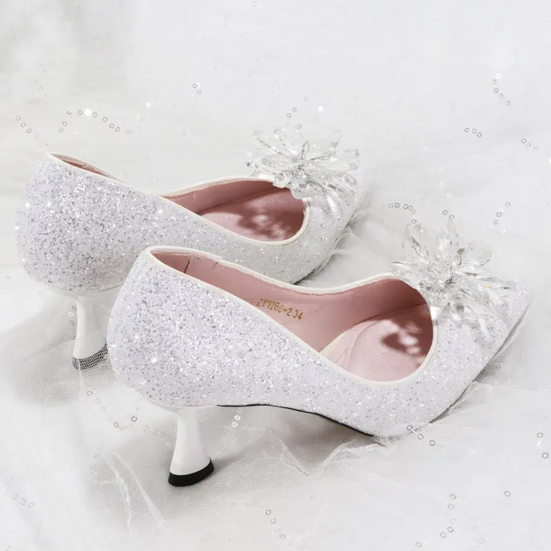 Обувь для вечеринок на среднем каблуке 6 см большие Стекло цветы блестки сверкающие Для женщин насосы развлечения, для танцев, для банкетов, удобная обувь