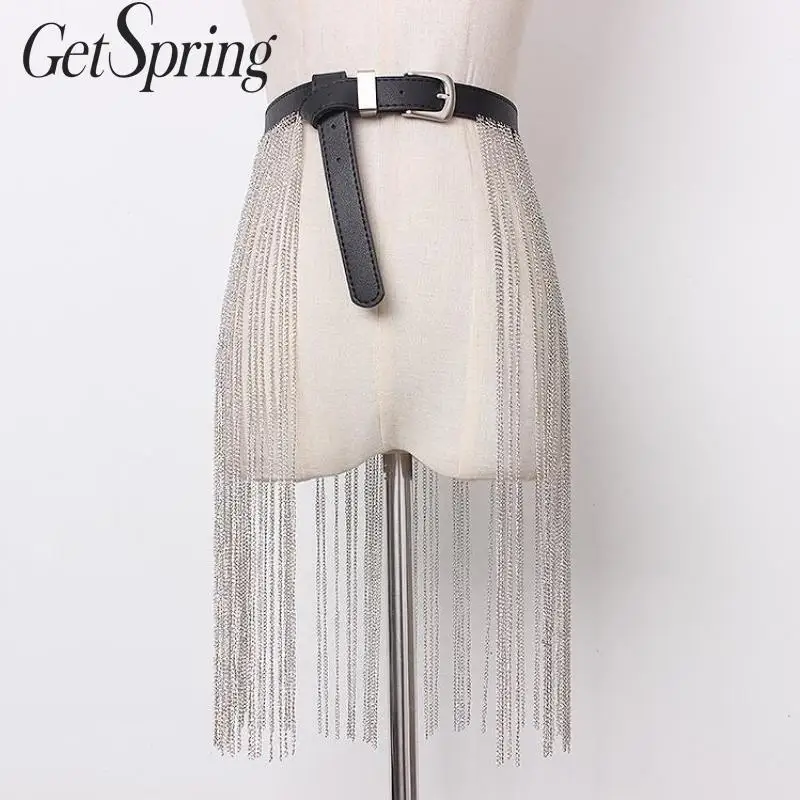 

GetSpring Women Belt Tassel Chain Fashion Belts All Match PU Leather Chain Belt Ladies Metal Tassel Waistband Women Leather Belt