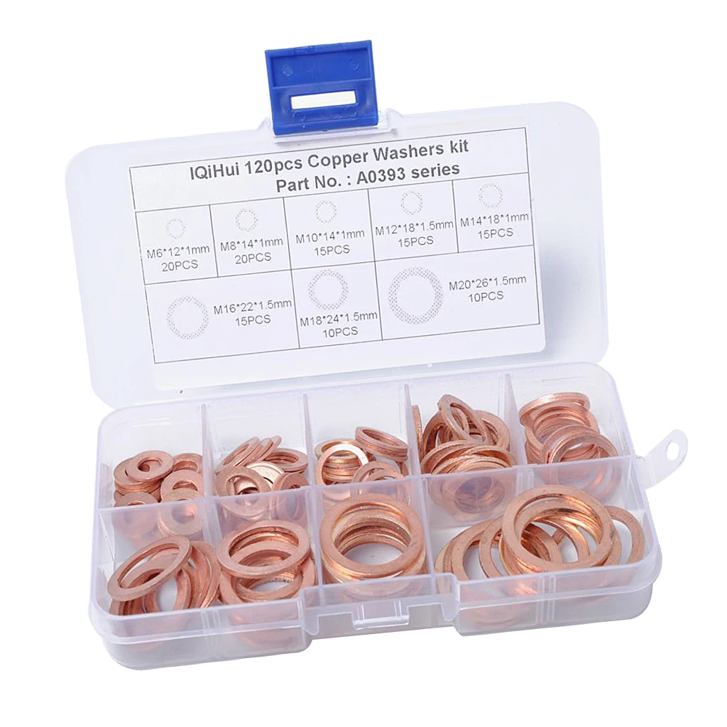120 Pieces 8 Sizes Assorted Solid Copper Crush Washers Seal Flat Ring with Case