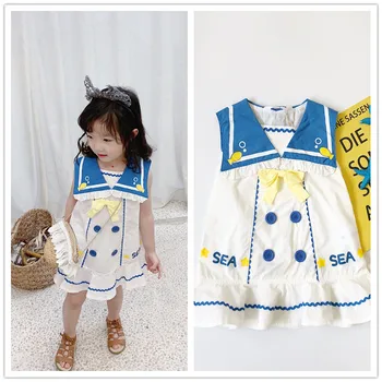 

in stock kids girls dress baby clothes for summer Sleeveless Navy Style Sweet Dress 2020 cotton baby girls clothes