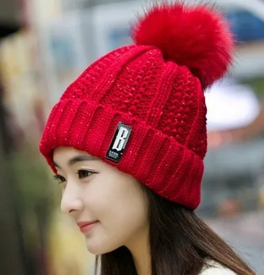 Теплая зимняя вязаная шапка skullies beanies, женская брендовая Высококачественная зимняя женская Лыжная шерстяная меховая шапка с помпонами, вязаный шарф - Цвет: red Hat2