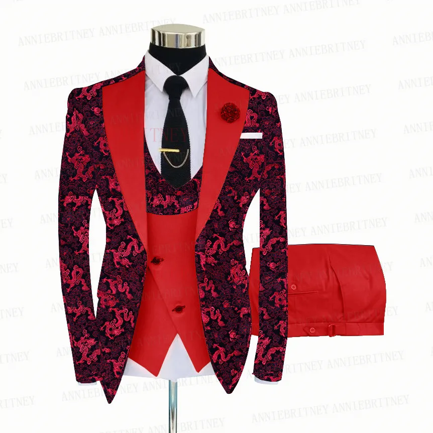 Red Floral Jacquard Wedding Suit For Men 3 Pieces Tailored Shiny Blazer Masculino Slim Fit Tuxedo Set Conjuntos De Chaqueta