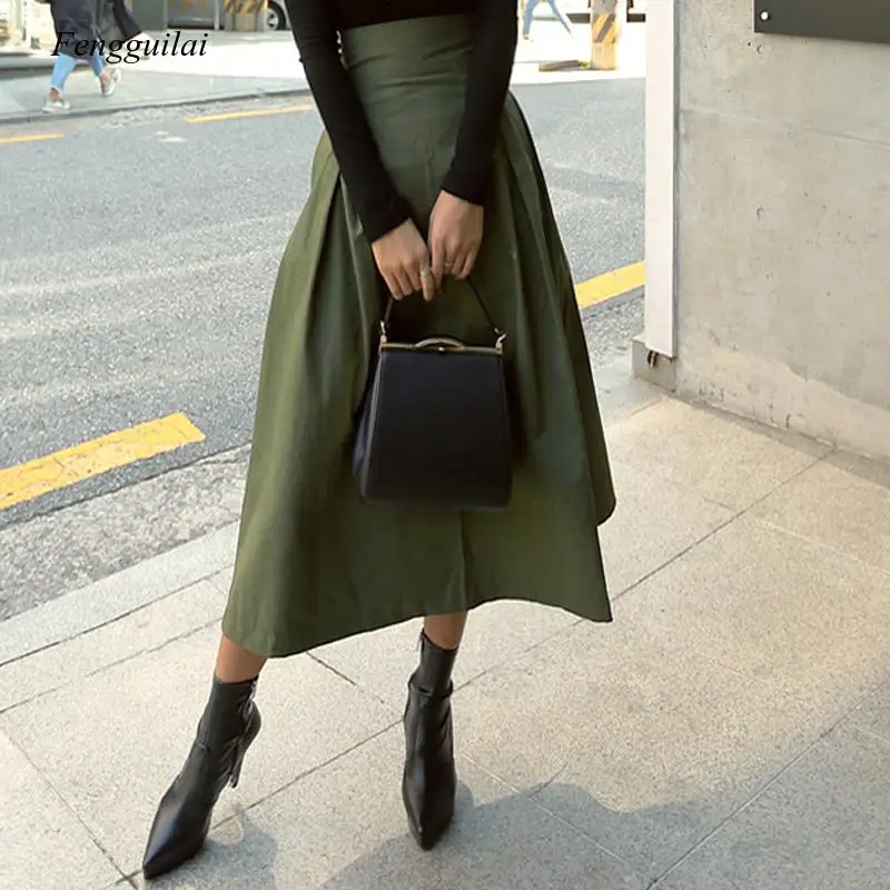 Ol Style High Waist Bowknot Green A-Line Skirts Ladies Office Flare Long Skirts Womens Faldas Streetwear 2021 Spring