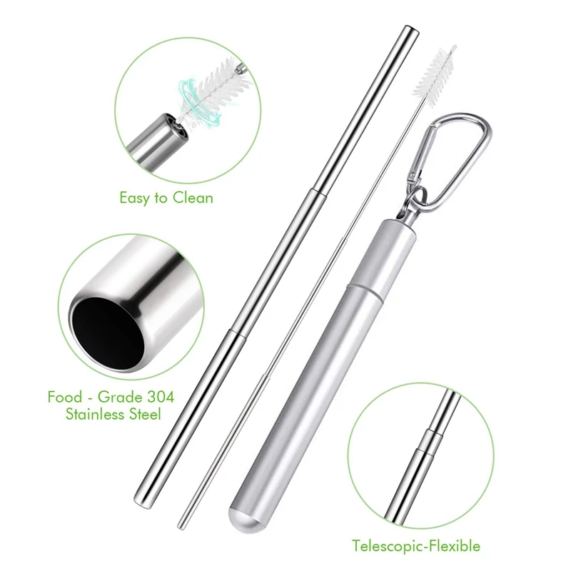 Telescopic Reusable Portable Straws-Collapsible Stainless Straws with Aluminum Case Keychain and Cleaning Brush