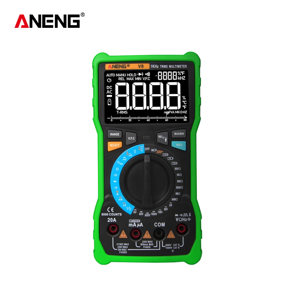 ANENG V8 True RMS цифровой мультиметр Профессиональный ЖК-дисплей мультитестер 8000 Кол-во Вольтметр переменного/постоянного тока Амперметр транзисторный конденсатор тестер - Цвет: Зеленый