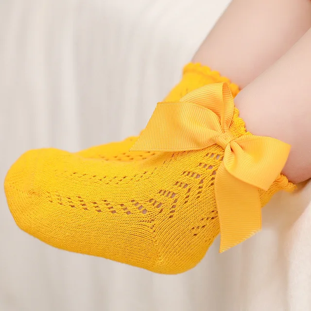 New Summer Baby Socks With Bow Toddlers Girls Long Knee High Sock Soft Cotton Hollow Out Kids Mesh Princess Socks For 0-5Years Yellow