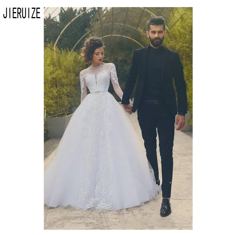 

JIERUIZE Vintage Wedding Dresses Illusion Long Sleeves Boat Neck Lace Appliques Beading Sashes Bridal Gowns robe de mariee