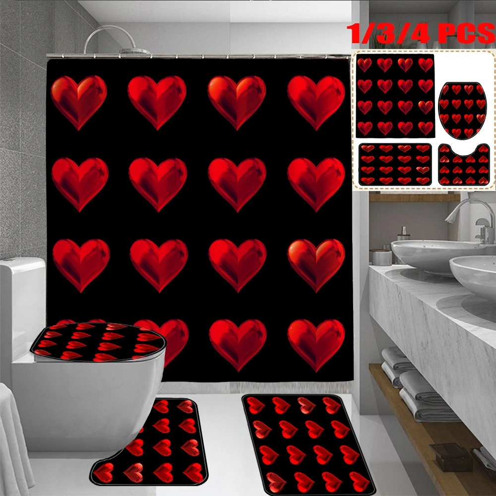 Red Heart Printed Shower Curtain Waterproof Bathroom Floor Mat Set Bath Mat Toilet Seat Cover Bathroom Decor Curtain on AliExpress