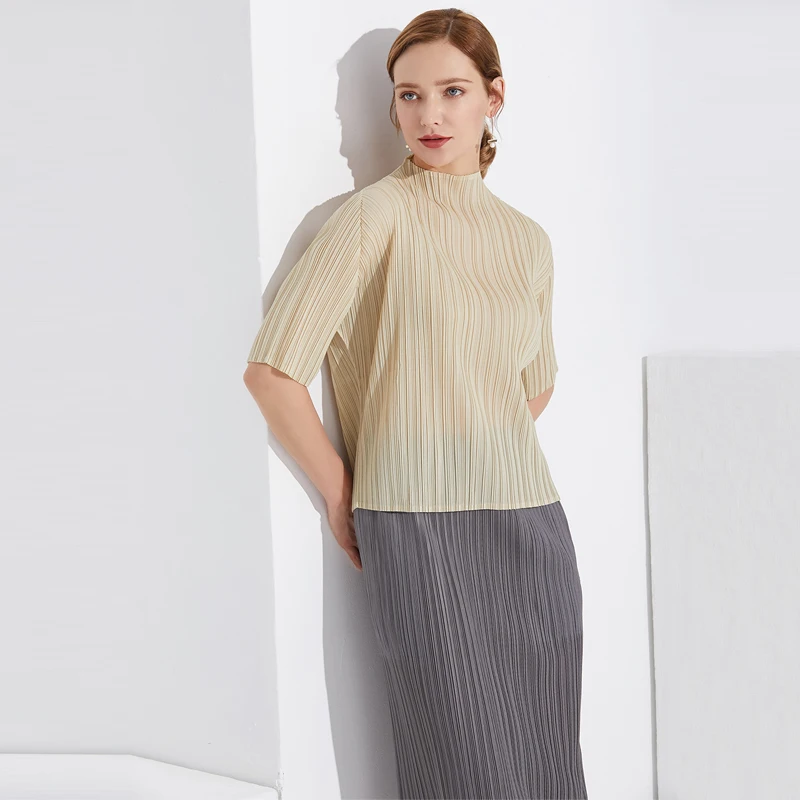 Новинка Miyake, новое женское платье, Европейский код,, тайская футболка, чистый цвет, для русского досуга, футболка с высоким воротником, TP5040