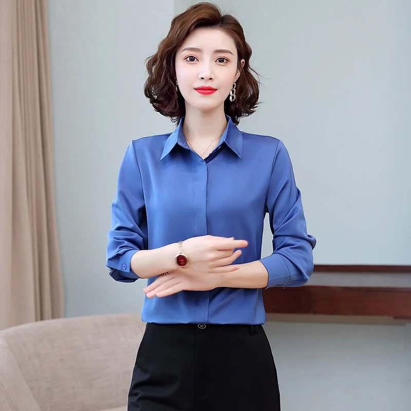 TingYiLi Elegant Office Wear Satin Silk Blouse Spring Autumn Long Sleeve Women's Tops Pink Yellow Blue Green Black White Shirt 5