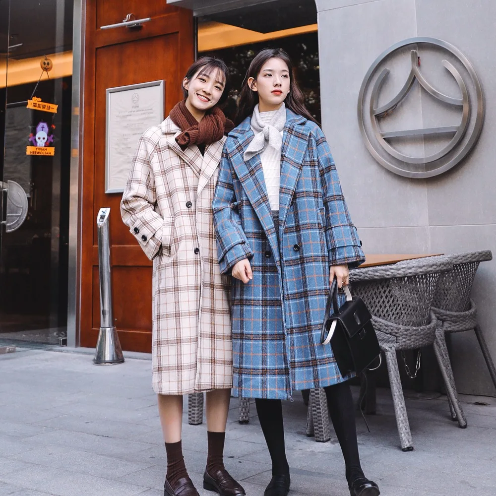 

Photo Shoot 2018 Winter New Style WOMEN'S Dress Retro British Style Long Plaid Woolen Coat Suit Collar Woolen Overcoat