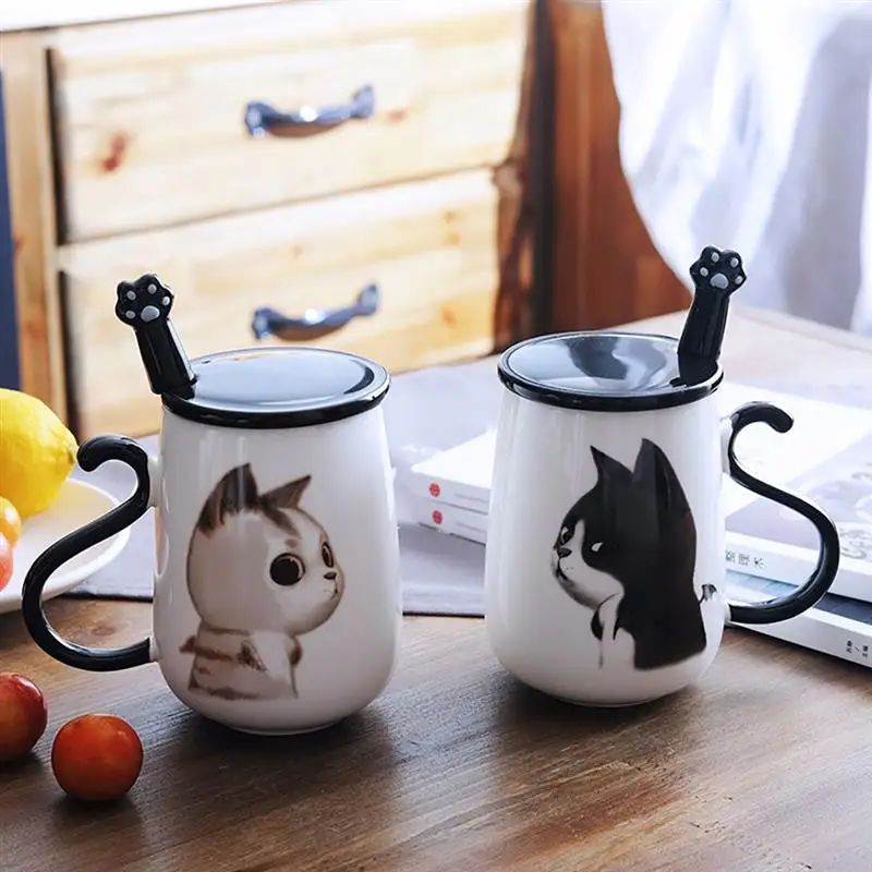 Милая керамическая кофейная кружка с ложкой и крышкой с рисунком кота, креативная большая кружка 450 мл для здоровых котов, чашка для кофе, стакан