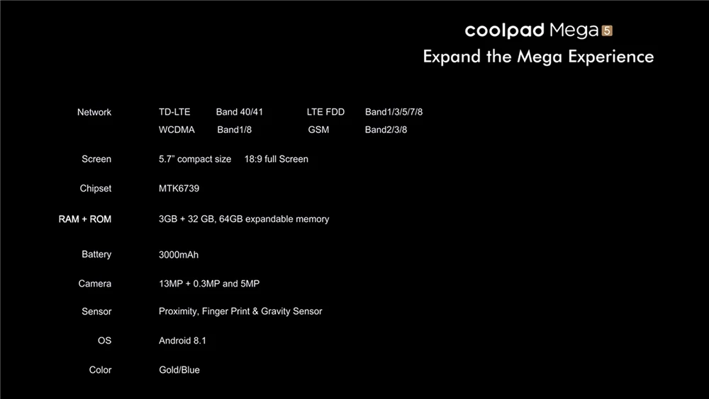 Глобальная версия Coolpad Mega 5 5,7 дюймов HD+ дисплей смартфон andorid 8,1 3 ГБ ОЗУ 32 Гб ПЗУ четырехъядерный процессор MTK6739 13,0 МП