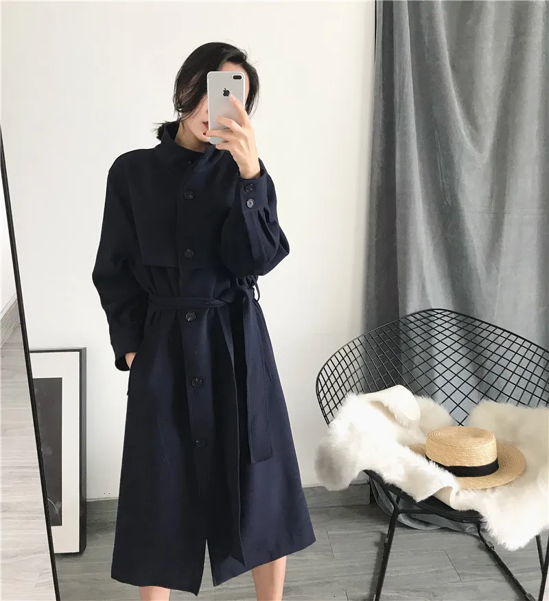 purplish blue TVVOVVIN осеннее плотное однорядное однотонное лаконичное длинное ветронепроницаемое Свободное пальто с воротником под горло и поясом для женщин ZX291 - Color: purplish blue