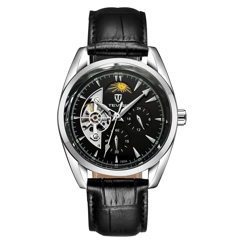 TEVISE Men Watch Tourbillon Automatic Leather Strap Watches Luxury Moon Phase Mechanical Waterproof Watch Hollow Out Dial 795a
