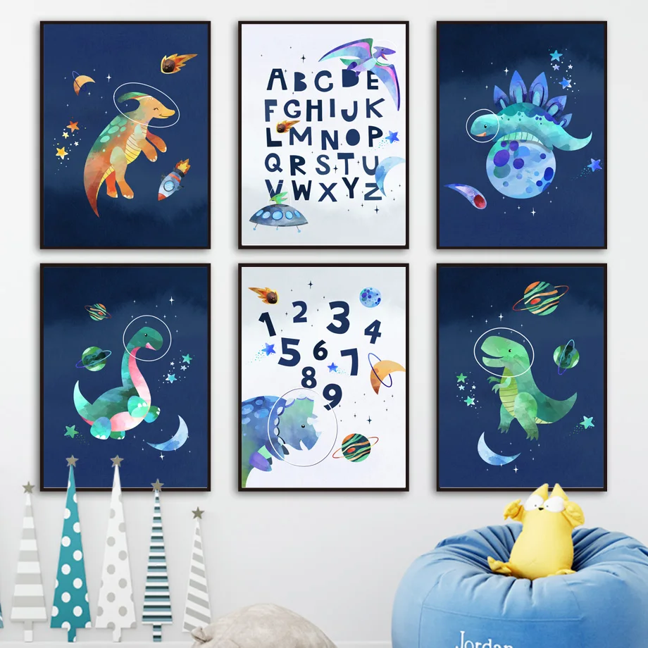 

Dinosaur Space Planet Alphabet Nursery Wall Art Canvas Painting Nordic Posters And Prints Wall Pictures Baby Room study Decor