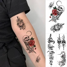 Skull Temporary Tattoo Sticker Dagger Sword Red Rose Moon Scorpion Snake Tatoo Arm Wrist Hand Men Women Glitter Tattoos Kids Art