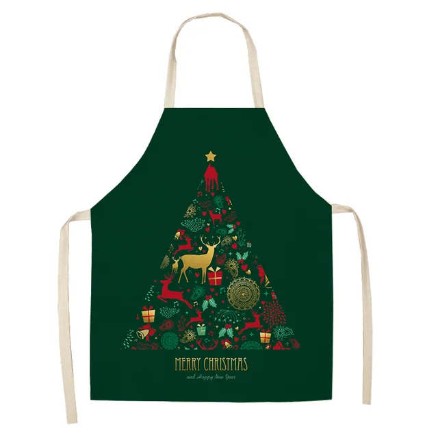Green Custom Linen Cooking Apron Dress Christmas Tree Gift Elk Child Kitchen Funny Kitchen Apron for Women Baking Accessories Green Christmas 03