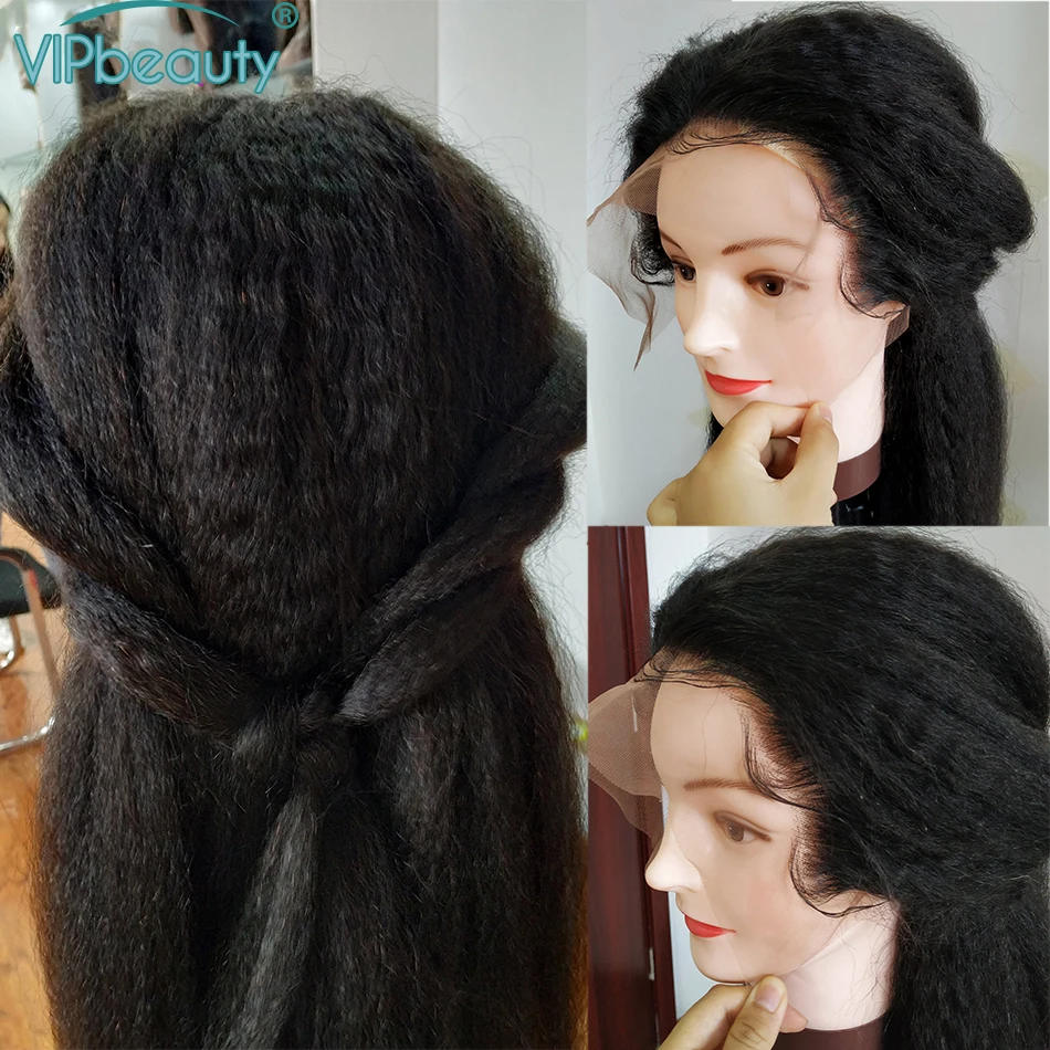 VIPbeauty кудрявые прямые парики 13x4 Синтетические волосы на кружеве человеческих волос парики для чернокожих Для женщин 150% Плотность волосы Remy итальянский яки парики из натуральных волос