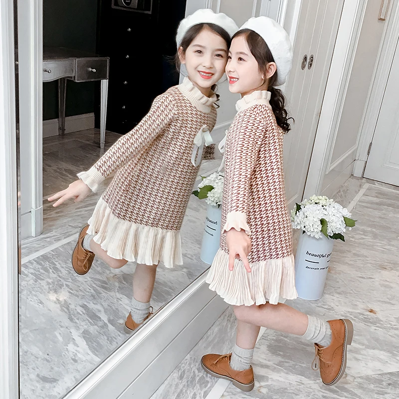 

Girls Long Sleeve Houndstooth Knitted Dresses Spring Fall Children Ruffles Spliced Princess Dress Kids Petal Cuffs Sweaters P249