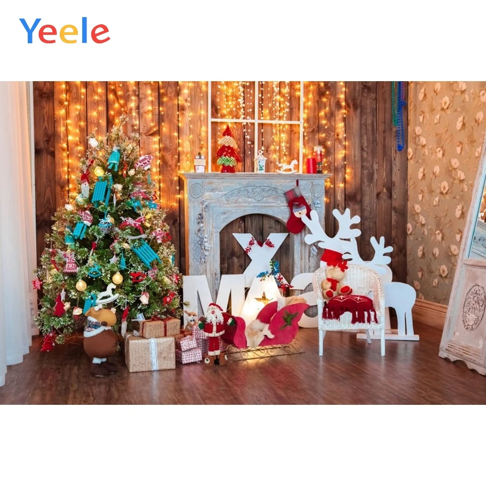 

Christmas Backdrop Tree Fireplace Gift Toy Doll Light Wood Background Photography For Photo Studio Vinyl Photophone Photozone