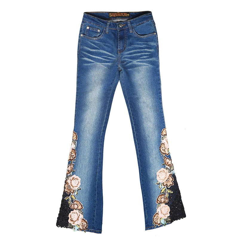 Джинсы женские с вышивкой со средней талией|big flare jeans|beaded embroidery jeansflare jeans |