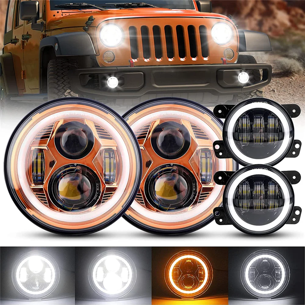 

For Jeep Wrangler JK Headlight 7inch Round Headlamp With Halo Ring DRL 4inch Front Bumper Fog Lights Set For Car Accessories