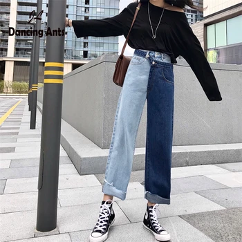 

2020 women's jeans Straight Pencil Pants high waist mom Ripped Jeans ropa mujer Loose Ankle-length-Length Denim Pathchwork pants
