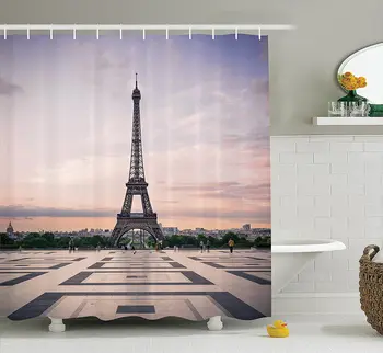 

Paris Shower Curtain Trocadero and Eiffel Tower at Sunshine Paris Skyline Historic Landscape View Bathroom Decor Set with Hooks