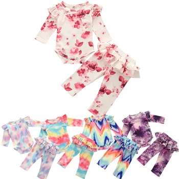 

2020 Newborn Baby Girl Clothes Set Fashion Autumn Long Sleeve Printed Romper Tops Ruffle Pants Baby Girl Clothing Infant Outfits