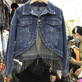 

2020 Spring and Autumn New Loose Short Jacket Girls Tassel Denim Jackets Coat Women's Harajuku Black Long Sleeve Cowboy Coats