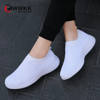 

WWKK Plus Size Breathable Air Mesh Sneakers Women 2019 Autumn Summer Slip On Platform Knitting Flats Soft Walking Shoes Woman