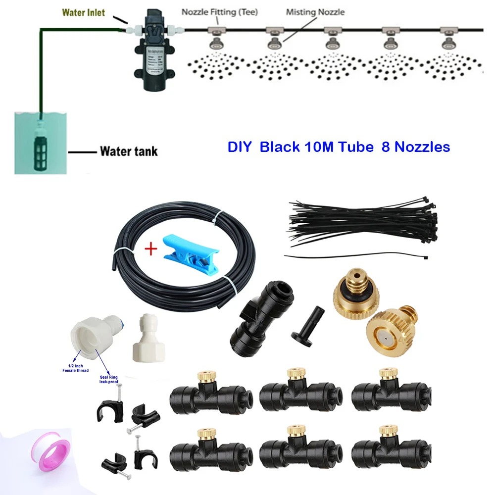 Outdoor Misting Cooling System with Pump DIY 10M/15M/20M Black and