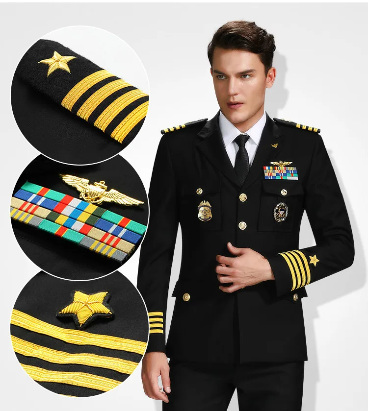 High Quality Admiral Military Uniform Male Navy Captain Uniform Suits Single-Breasted Suit Sets With Badges Security Workwear