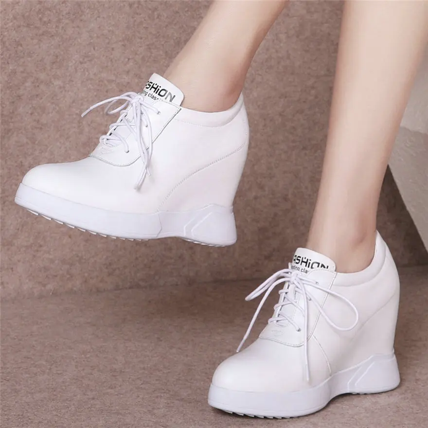 

Fashion Sneakers Women Lace Up Genuine Leather Wedges High Heel Pumps Shoes Female Round Toe Platform Oxfords Shoes Casual Shoes