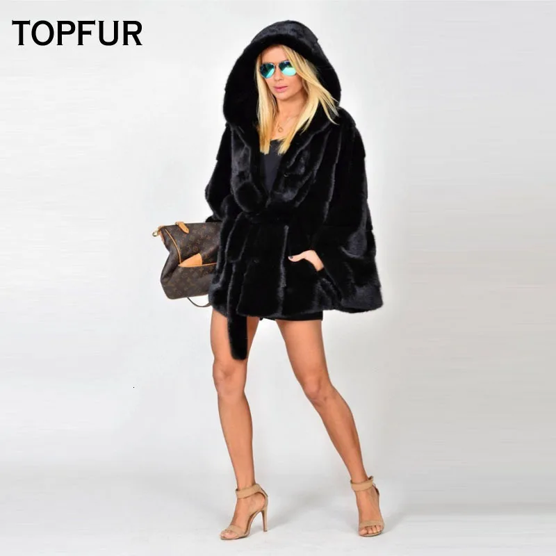 TOPFUR тип норковая шуба женская Обычная норковая шуба с большим капюшоном с поясом зимняя теплая меховая куртка для молодых девушек