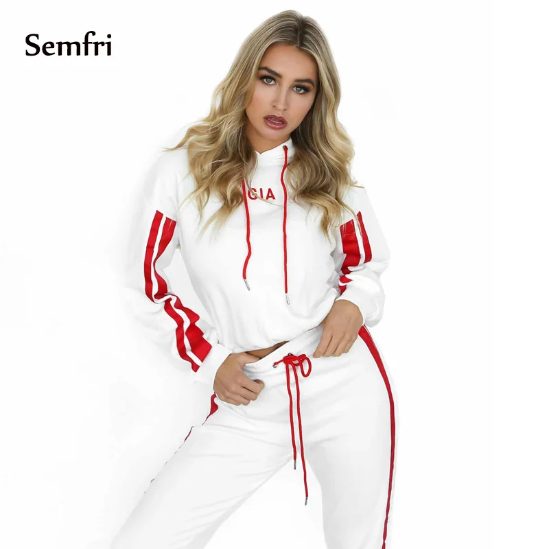 

Tracksuit 2pcs Women Set Hoodies Crop Top Sweatshirt + Side Stripe Pants Hooded 2 Pieces Sets Women Autumn Clothing Suits Female